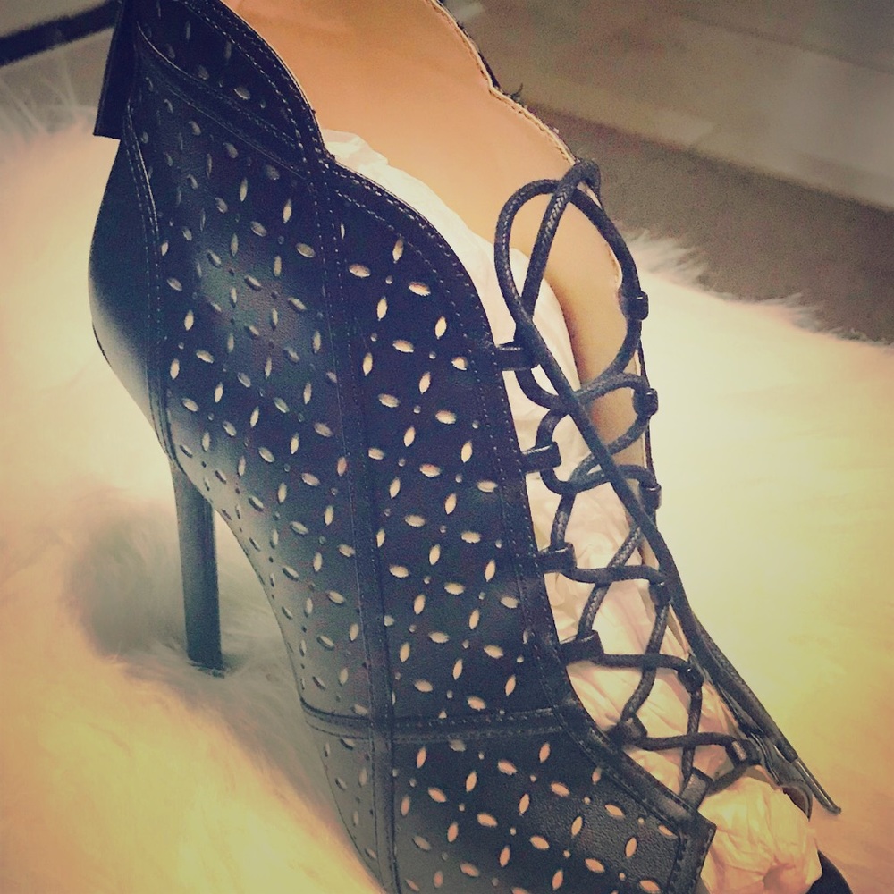 TAMAR Collection Black Lasercut Peeptoe Booties